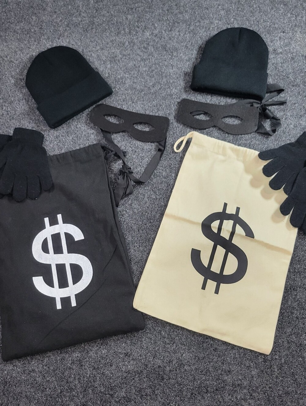 2 Sets Robber Costume Thief Cosplay Beanie Cap Gloves Eye Mask Canvas Bags
